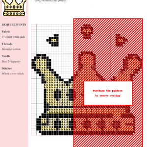 Cross-stitch pattern featuring a regal crown design, predominantly red and gold, with a key showing the stitch count and color codes.
