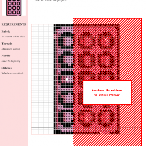 Cross stitch pattern depicting a chocolate bar, featuring pink and red threads on white aida cloth. The design includes clear symbols and a grid for easy stitching.