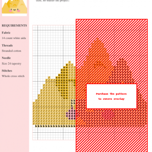 Cross stitch pattern depicting stylized stalactites and stalagmites in warm orange and yellow tones on a white background. Complete with instructions and color key.
