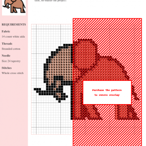 Cross stitch pattern of an adorable elephant, featuring brown and red color scheme on white aida fabric. Includes a chart and materials list.