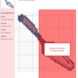 Cross stitch pattern featuring a cake slicer design in navy blue and blush pink on a white background. Includes a key and materials list.