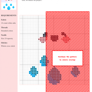 Cross stitch pattern featuring a charming rain cloud design in blues, pinks, and reds on white aida fabric. Downloadable PDF.