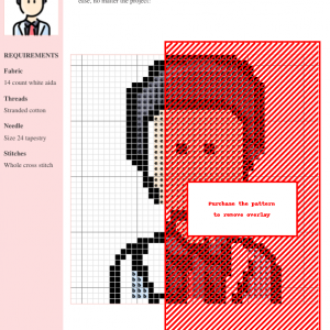 Cross-stitch pattern of a stylish groom, perfect for wedding or anniversary gifts. Features black and red color palette.