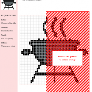 Cross-stitch pattern showcasing a charming BBQ grill design. The pattern uses black and red threads on white aida cloth.