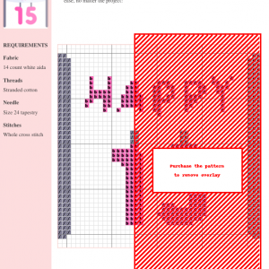 Image of a cross-stitch pattern featuring a design with pink and grey threads on white aida fabric. The pattern includes clear instructions and DMC & Anchor thread color numbers.