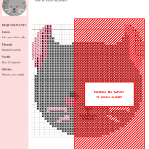Cross stitch pattern of a charming Kinkalow bird, featuring a gray and pink color scheme on 14-count white Aida fabric.