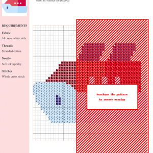 Cross stitch pattern of a ship, featuring red, purple, and blue threads on white aida fabric. DMC and Anchor thread color charts are included.