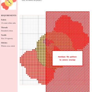 Cross stitch pattern chart featuring a charming candy design, using various shades of red, orange, and beige. DMC and Anchor thread colors are specified.
