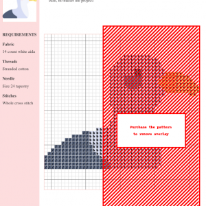 Cross stitch pattern featuring a charming gull design in shades of red, pink, orange, and gray against a white background. The image includes a color key and materials list.