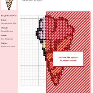 Cross-stitch pattern of a charming ice cream cone, featuring pink and orange ice cream in a red cone. The design includes a grid for easy stitching.