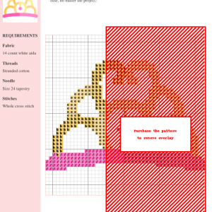 Cross-stitch pattern of a regal crown featuring pink and gold thread colors on 14-count white Aida fabric. DMC and Anchor thread color codes are included.