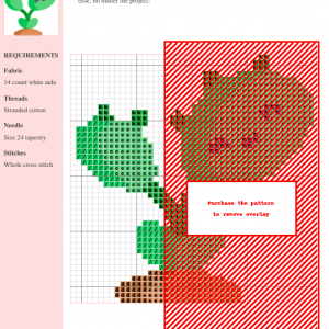 Cross stitch pattern of a Venus flytrap, featuring greens, browns, and reds on white aida cloth. Clear instructions and DMC/Anchor thread color codes are included.