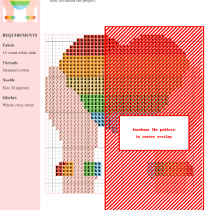 Cross-stitch pattern depicting a rainbow heart held by two hands, featuring warm color tones and clear symbol chart.