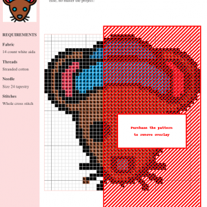 Cross-stitch pattern featuring an adorable mouse design in brown, red, and blue thread colors. Includes a key and instructions.