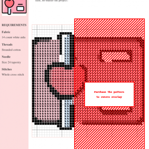 Cross stitch pattern depicting a stylized wedding invitation design in shades of pink and red, perfect for crafting and home decor.