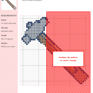 Cross-stitch pattern of a hammer, featuring grey, red, and brown threads on white aida cloth. Clear instructions and DMC/Anchor thread color numbers are included.