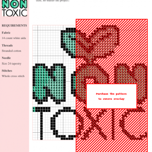 Cross-stitch pattern featuring a modern design with teal and red accents. The pattern uses whole cross stitches and is suitable for beginners.