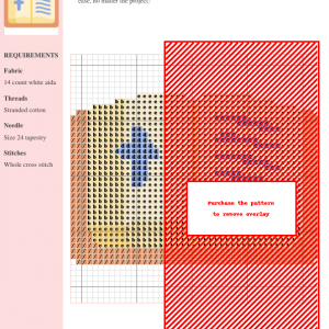 Cross-stitch pattern depicting a Bible with a cross, featuring warm earth tones and a touch of blue. The pattern uses whole cross stitches.