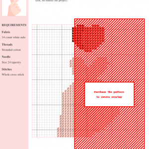 Cross-stitch pattern featuring a red heart design on white aida fabric. Clear instructions and DMC/Anchor thread color numbers are included.