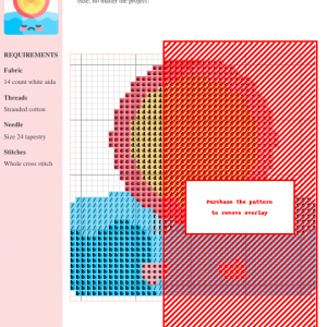 Cross stitch pattern showcasing a modern, abstract design in shades of red, orange, pink, and blue. The pattern includes clear symbols and color codes.
