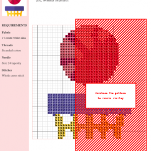 Cross stitch pattern of a basketball in a hoop, featuring red, purple, and gold threads on white aida fabric. DMC and Anchor thread colors are specified.