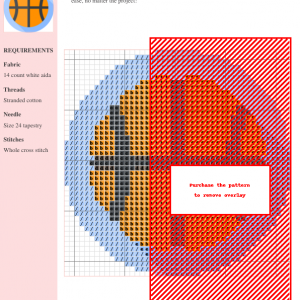 Cross-stitch pattern of a basketball, featuring orange, red, and blue threads on white aida cloth. Clear instructions and DMC/Anchor thread color numbers are included.