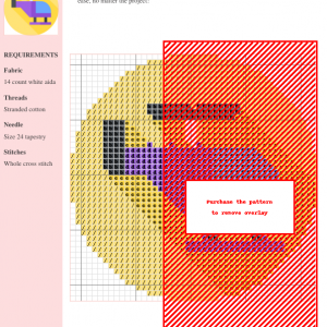 Cross stitch pattern of a whimsical helicopter, featuring yellow, orange, purple, and black threads on 14-count white aida fabric.