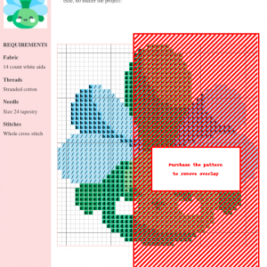 Cross stitch pattern of a dragonfly, featuring blue, green, and brown threads on white aida fabric. A portion of the design is obscured by a watermark.