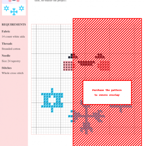 Cross stitch pattern depicting a charming winter scene with snowflakes and a snowy background. The pattern uses blue and red threads on white aida cloth.