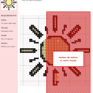 Cross stitch pattern showcasing a vibrant sunburst design in shades of red, orange, and yellow on white aida cloth. Clear instructions and DMC/Anchor thread color numbers are included.