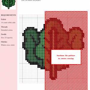 Cross stitch pattern featuring a vibrant kale design in greens and browns, ready to be stitched on 14 count white Aida fabric.