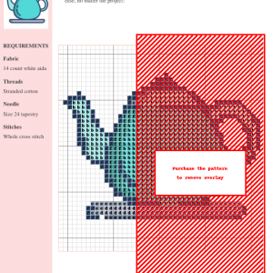 Cross stitch pattern featuring a charming teapot design, with color-coded chart using DMC and Anchor thread numbers.