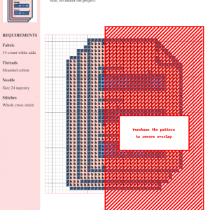 Cross stitch pattern chart featuring a partially obscured design in shades of red and blue on 14-count white aida fabric. The pattern utilizes whole cross stitches.