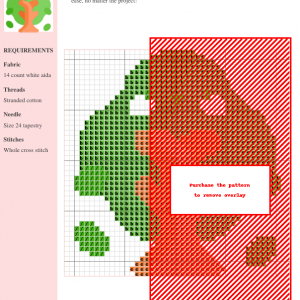Cross stitch pattern chart of a tree, featuring greens, browns, and reds. The design is shown on a grid with DMC and Anchor thread color numbers.