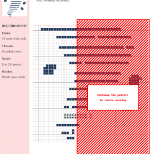 Cross stitch pattern chart depicting a stylized tornado design, using dark blue threads on white aida fabric.