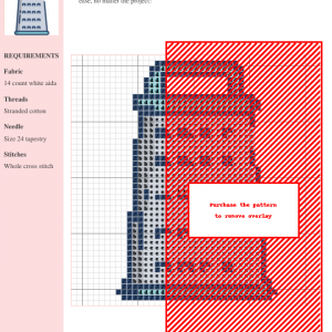 Cross-stitch pattern of a grater, featuring a simple yet detailed design in shades of blue and white on a white aida fabric.