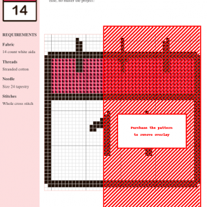 Cross stitch pattern design of a calendar showcasing the number 14, featuring red and pink colors on white aida cloth. The pattern includes clear instructions and DMC/Anchor thread color numbers.