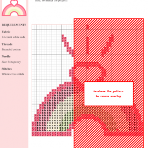 Cross stitch pattern featuring a rainbow design with pink, orange, yellow, and other colors on white 14-count aida fabric. Clear instructions and DMC/Anchor thread color numbers included.