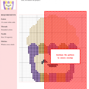 Cross-stitch pattern of a cute popcorn bucket, featuring a color palette of cream, purple, orange, and black on 14-count white aida fabric.