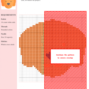 Cross stitch pattern featuring an adorable Labrador Retriever, using orange and red threads on white aida cloth. DMC and Anchor thread color numbers are included.