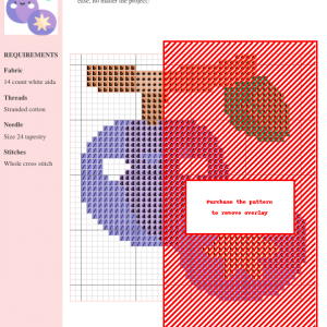 Cross stitch pattern of a caimito fruit, showcasing a vibrant tropical design with purple and orange hues. Clear instructions and DMC/Anchor thread color codes are included.