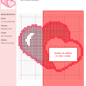 Cross-stitch pattern featuring a romantic heart design in shades of pink and red, with clear instructions and DMC/Anchor thread color numbers.