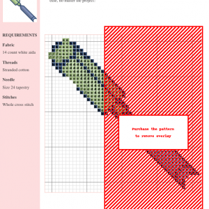 Cross-stitch pattern featuring a modern geometric design in muted greens, blues, and reds. The pattern is partially obscured by a red overlay.