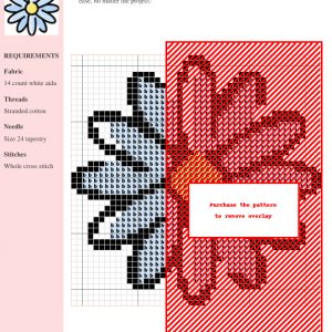 Cross stitch pattern of a vibrant daisy with red and blue petals on white aida fabric. Clear instructions and DMC/Anchor thread color numbers are included.