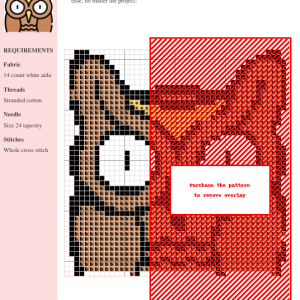 Cross-stitch pattern of a charming owl, featuring brown and red color schemes. The design is presented as a digital download.