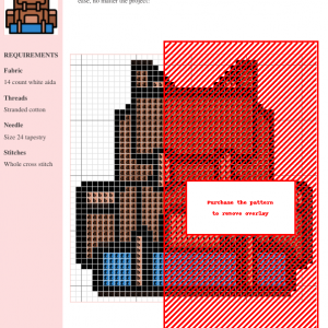 Cross-stitch pattern of a cute backpack, featuring brown, blue, and red threads on white aida cloth. Clear grid pattern is visible.