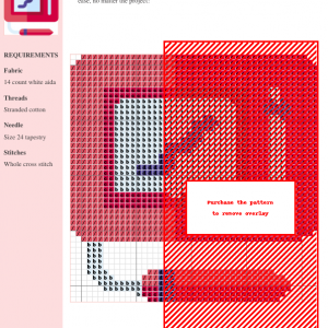 Cross stitch pattern featuring a modern design in shades of red and pink. The image shows a partial view of the pattern with a watermark.