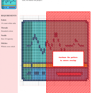 Cross-stitch pattern design showcasing a cardiogram in teal, blue, and yellow on white aida fabric. The image includes a key and instructions.