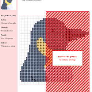 Cross stitch pattern of an adorable penguin, featuring shades of gray, red, and yellow on a white aida cloth. The image shows a partial preview of the pattern with some areas obscured.