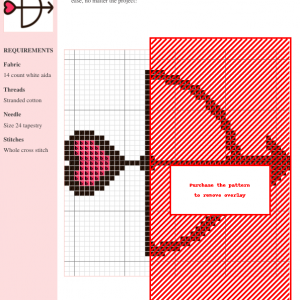 Cross stitch pattern of a charming bow and arrow with a heart, using red and black threads on white aida cloth. DMC and Anchor thread color numbers are included.